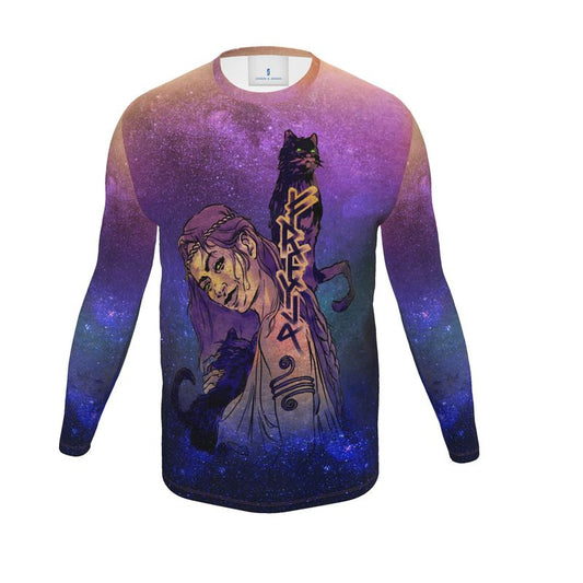 Long-sleeve shirt with a design of a person and cats against a starry sky background