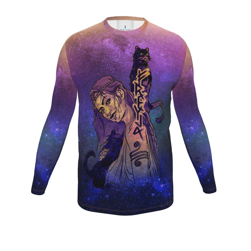Long-sleeve shirt with a design of a person and cats against a starry sky background