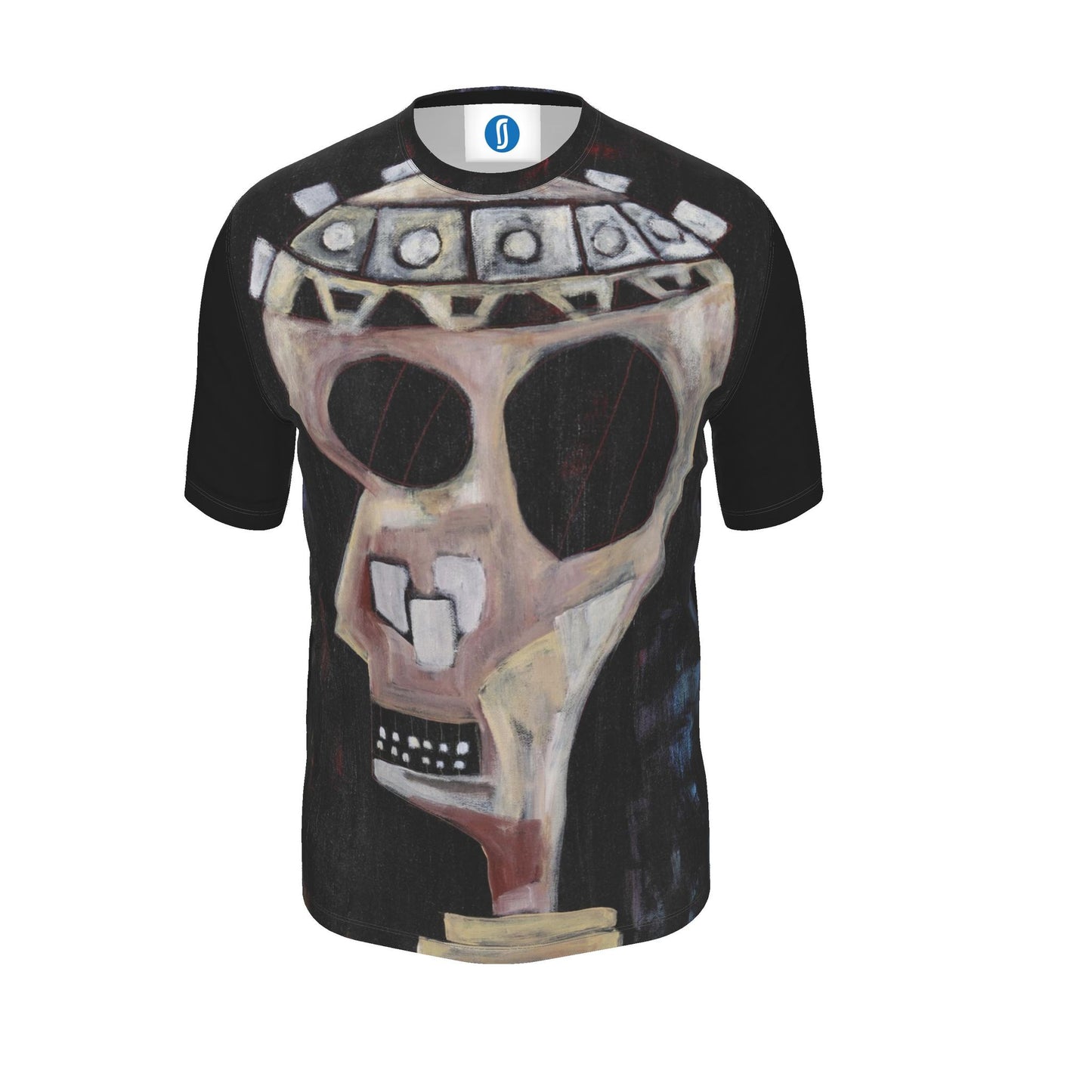 A black short-sleeve t-shirt featuring a large, stylized graphic print of a skull wearing a geometric crown on the front, set against a plain white background.