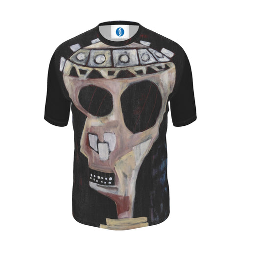 A black short-sleeve t-shirt featuring a large, stylized graphic print of a skull wearing a geometric crown on the front, set against a plain white background.
