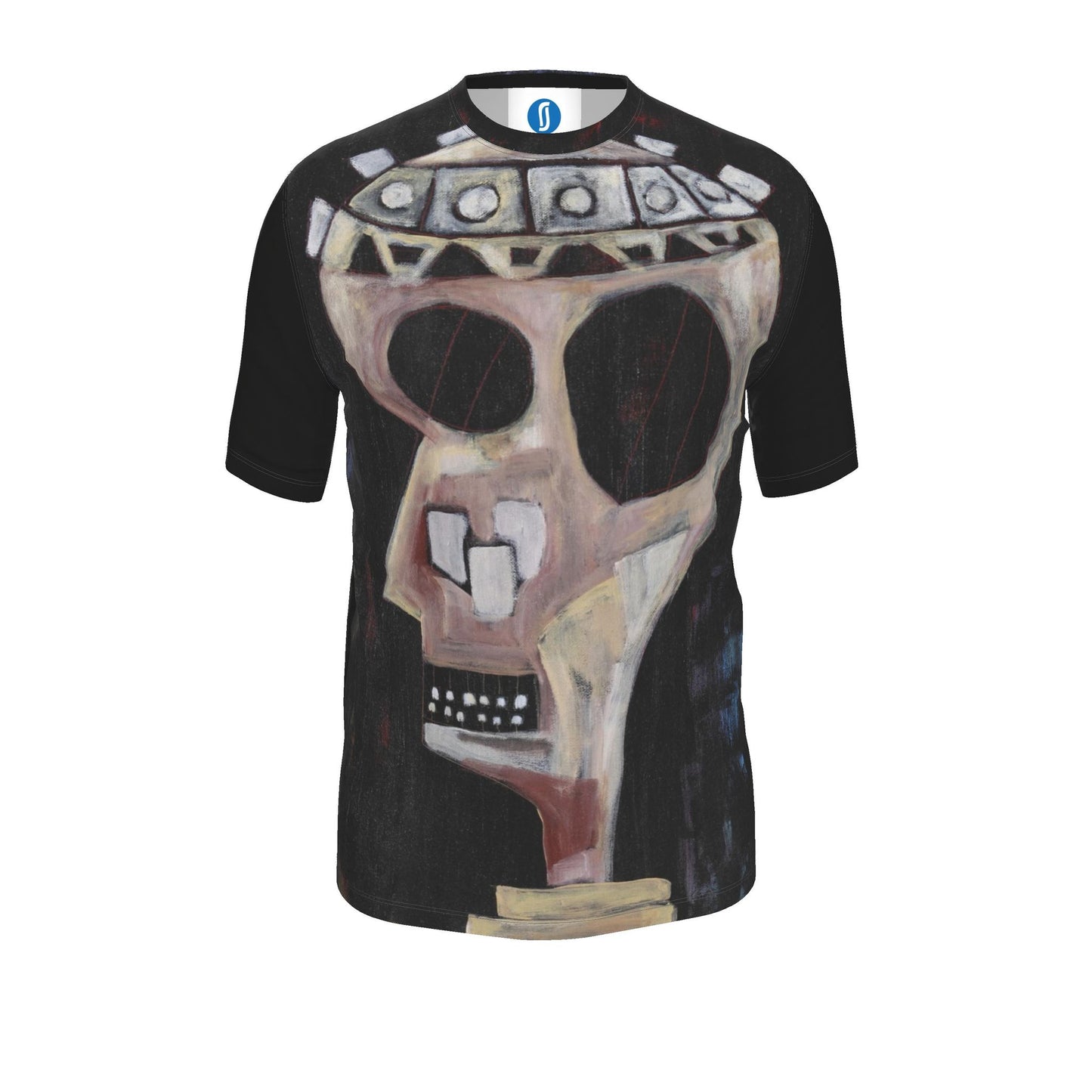 A black short-sleeve t-shirt featuring a large, stylized graphic print of a skull wearing a geometric crown, displayed on a solid white background.