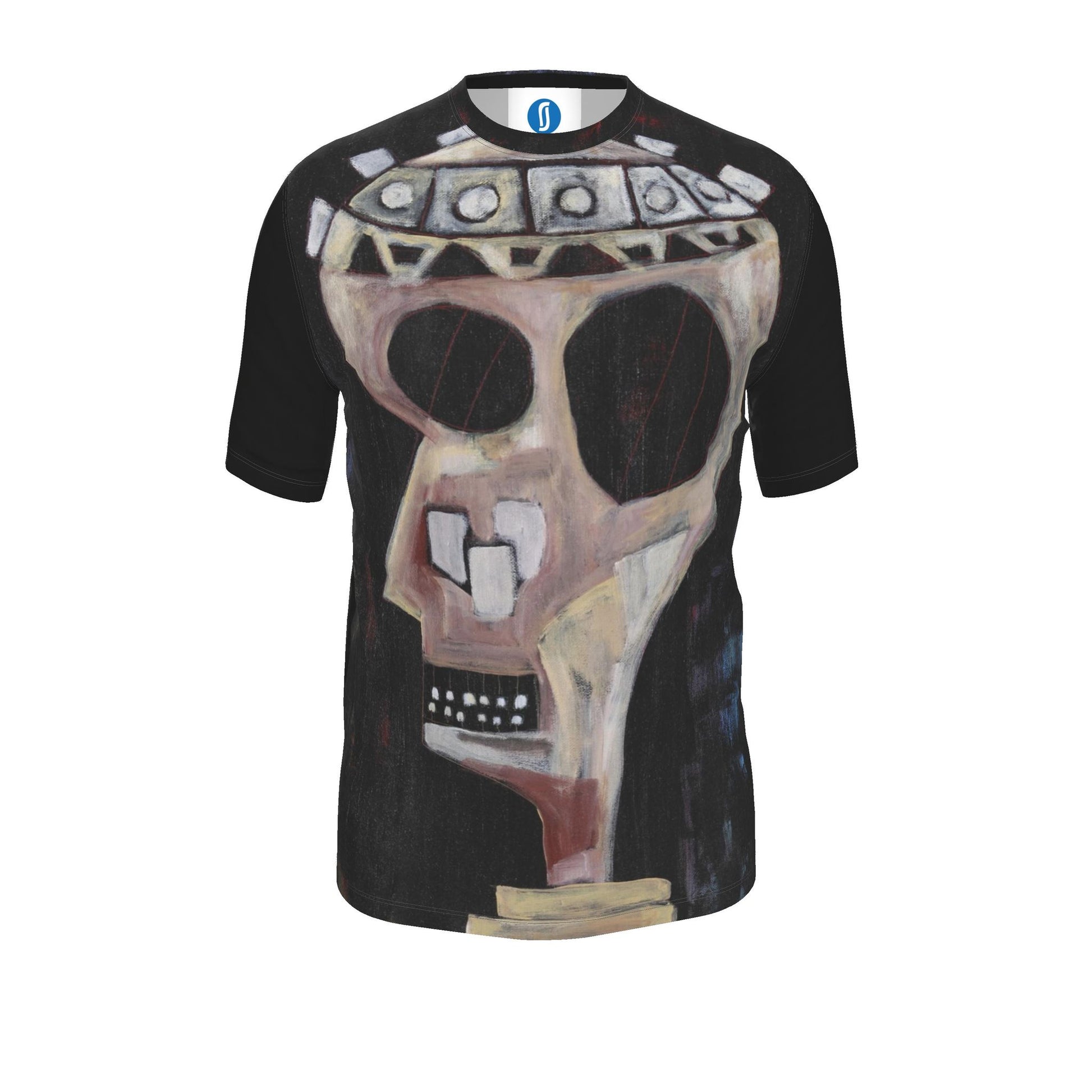 A black short-sleeve t-shirt featuring a large, stylized graphic print of a skull wearing a geometric crown, displayed on a solid white background.