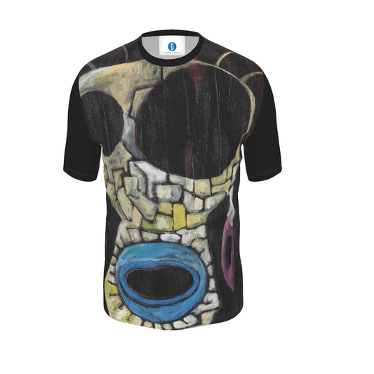 A black short-sleeve t-shirt featuring a large, colorful abstract graphic print on the front, displayed against a solid white background.