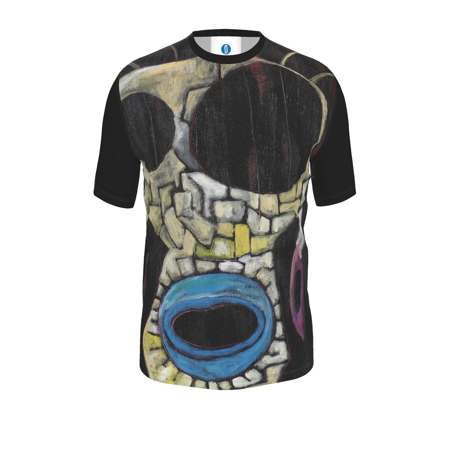 A short-sleeve crewneck t-shirt featuring an all-over abstract graphic print of a stylized face in black, beige, yellow, blue, and purple tones, shown against a plain white background.