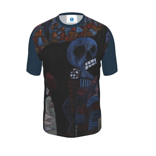 A short-sleeve crewneck t-shirt featuring a dark, gothic art print of a skull and a skeletal figure in blue, black, and red tones, with solid navy blue sleeves, shown against a plain white background.