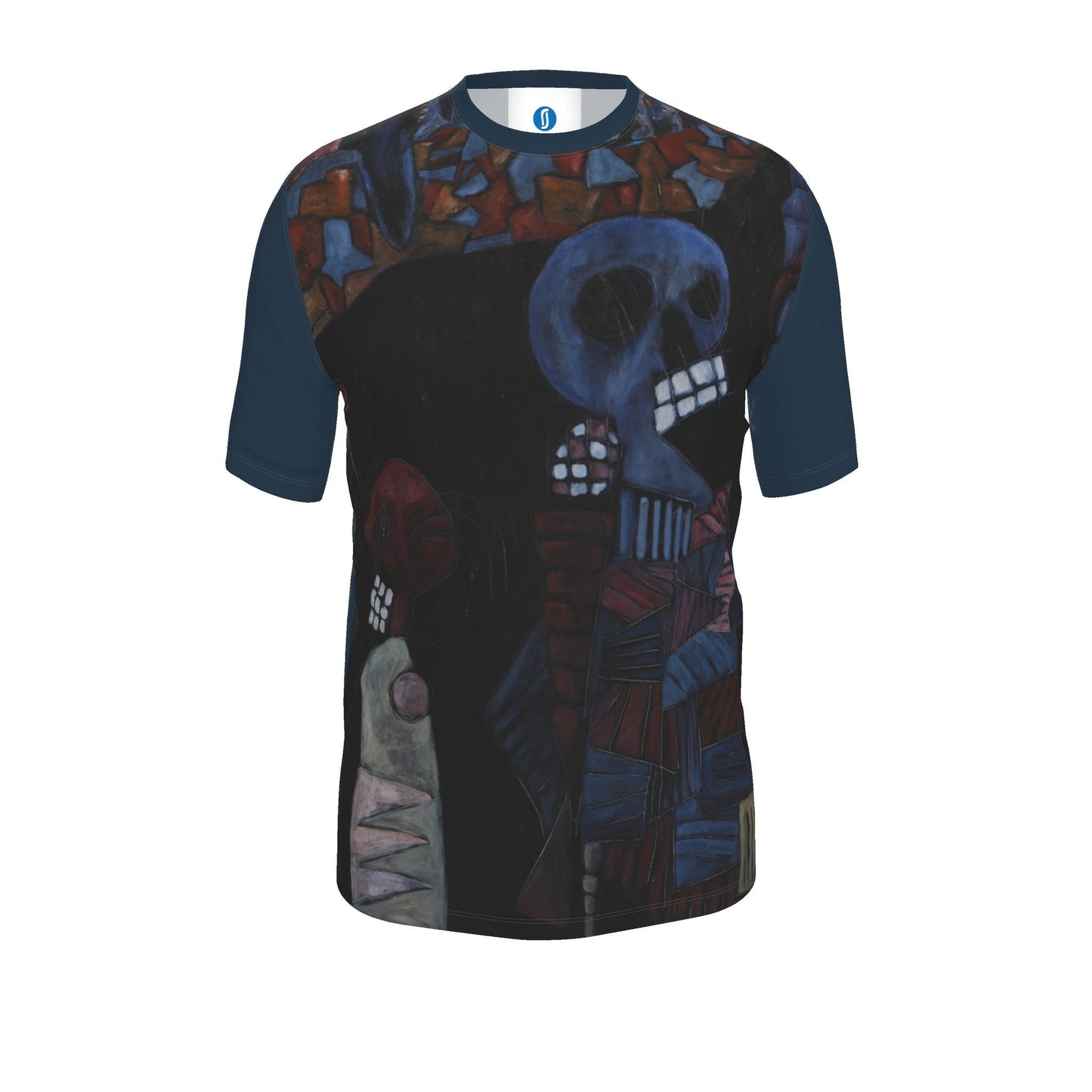 A short-sleeve crewneck t-shirt featuring a dark, gothic art print of a skull-faced figure with blue, red, and black tones, set against a plain white background.