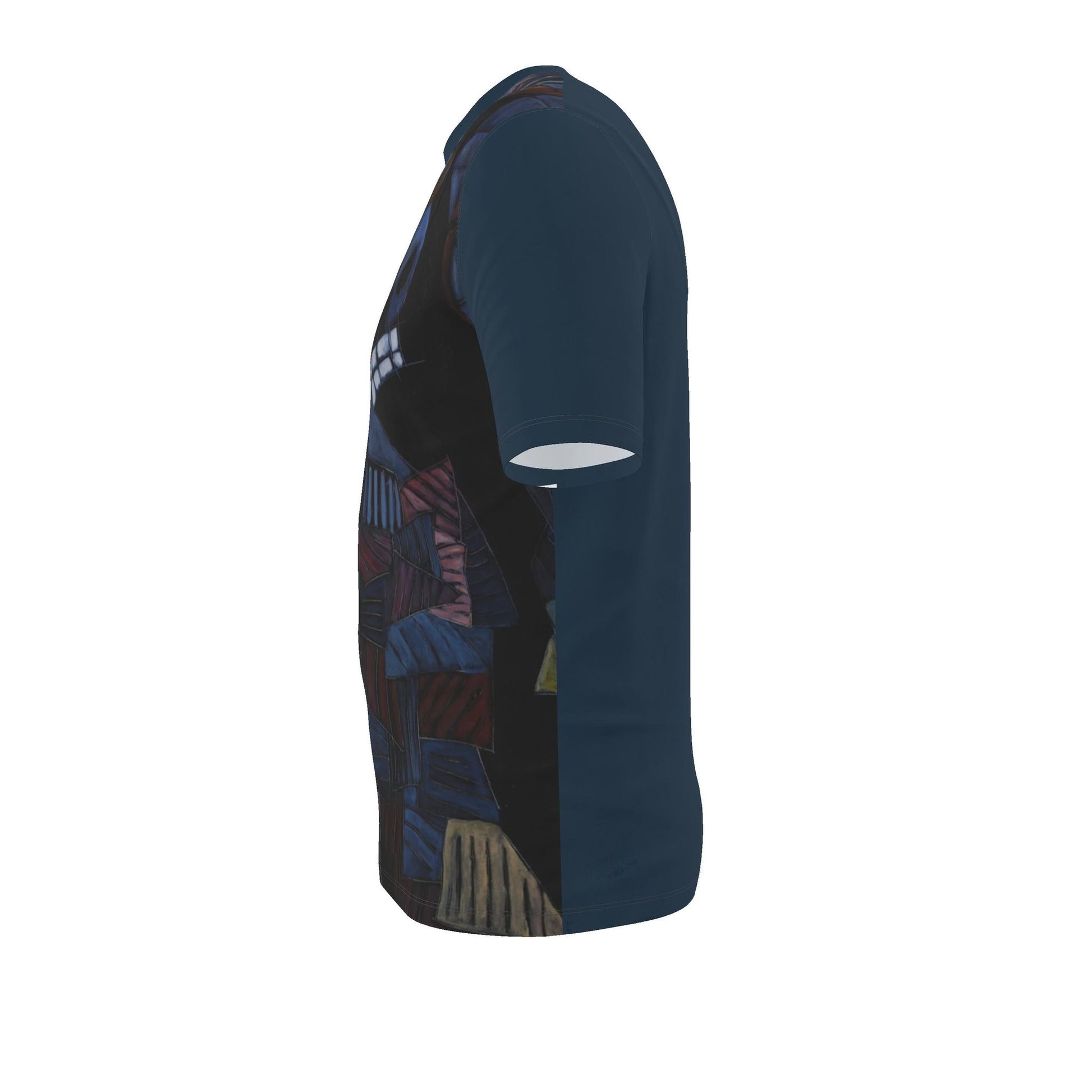 A navy blue short-sleeve t-shirt shown from the side, featuring a large abstract geometric art print in red, blue, and beige tones on the front panel.