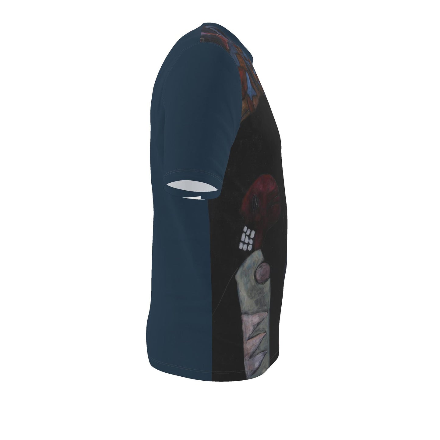 A navy blue short-sleeve t-shirt with a black side panel featuring an abstract art print, shown from a side profile view on a white background.