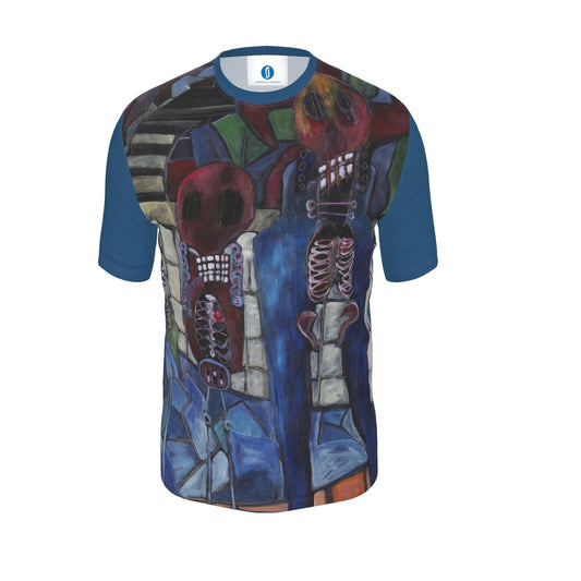 A short-sleeve crewneck t-shirt with a blue base color and a complex, all-over graphic print depicting stylized, colorful skeletal guitar figures. The shirt is shown against a plain white background.