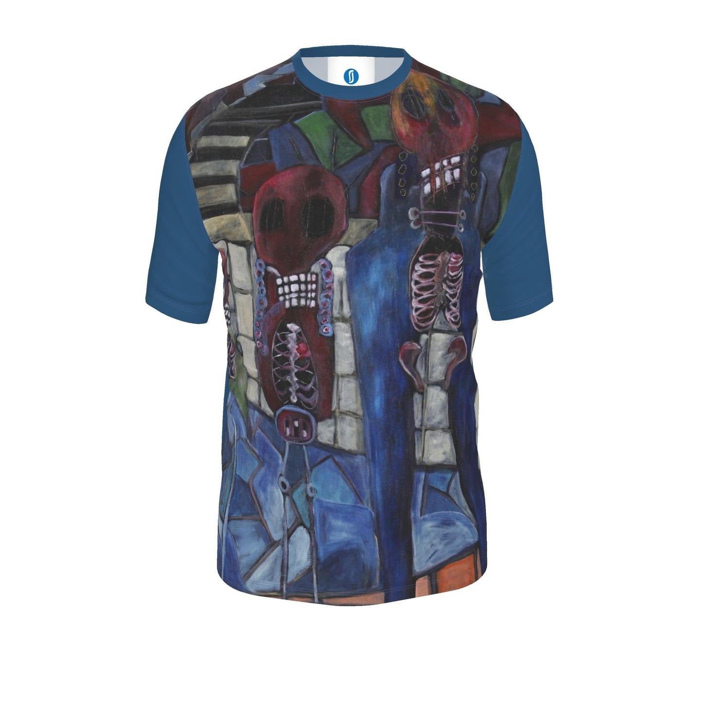A short-sleeve t-shirt with a blue base color and a complex, multicolored graphic print on the front featuring stylized skeletons in a stained-glass art style.