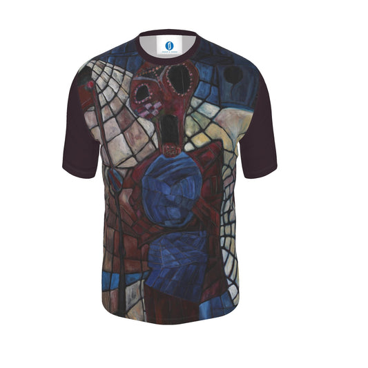 A short-sleeve crewneck t-shirt featuring an all-over abstract stained-glass style graphic print in shades of blue, red, beige, and brown, with solid dark burgundy sleeves.