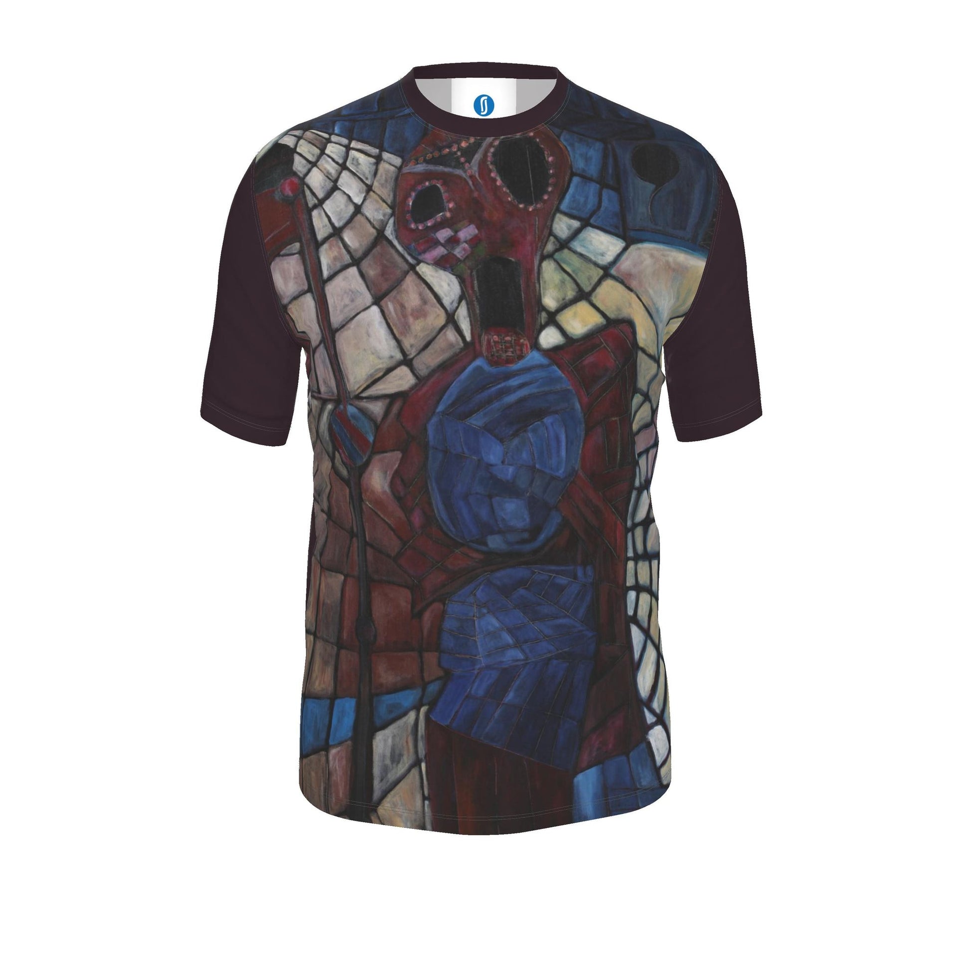 A short-sleeve crewneck t-shirt featuring a stained-glass style graphic print of Spider-Man, with dark burgundy sleeves and a multicolor print on the body.