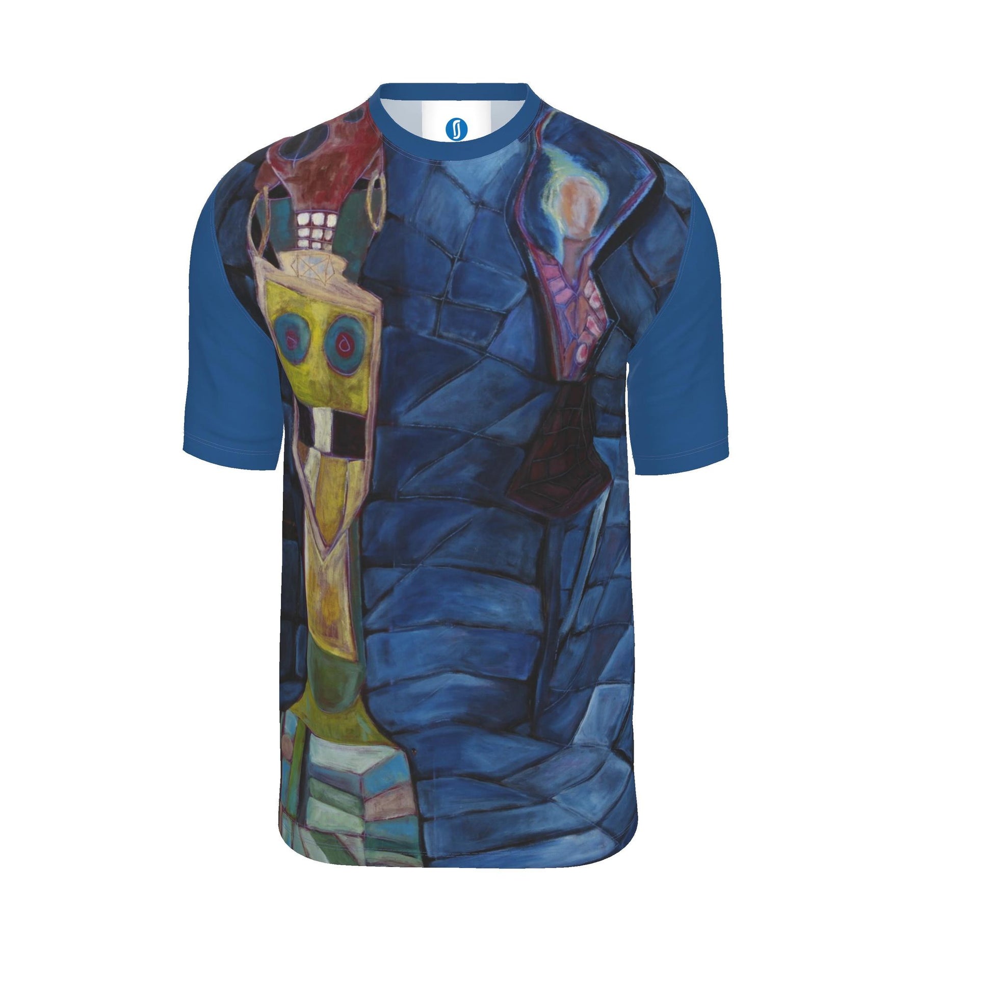 A short-sleeve crewneck t-shirt featuring a detailed, colorful abstract painting printed across the front, with solid blue sleeves and collar.