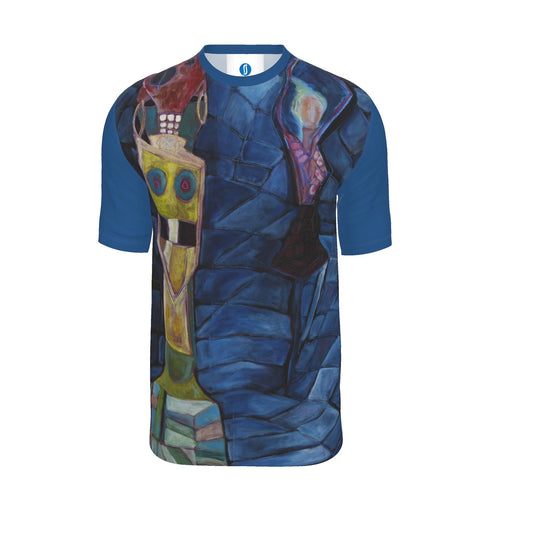 A short-sleeve crewneck t-shirt featuring a detailed, colorful abstract painting printed across the front, with solid blue sleeves and collar.