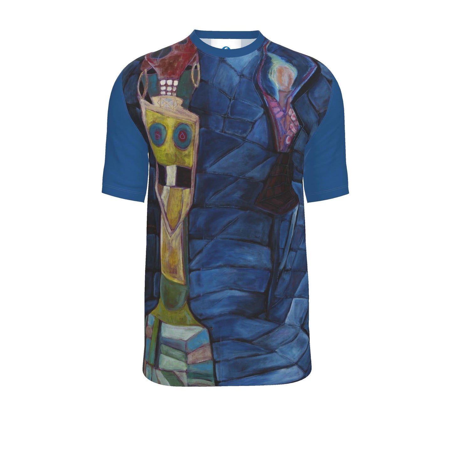 A short-sleeve crewneck t-shirt featuring a detailed, colorful abstract painting printed across the front, with solid blue sleeves and collar.