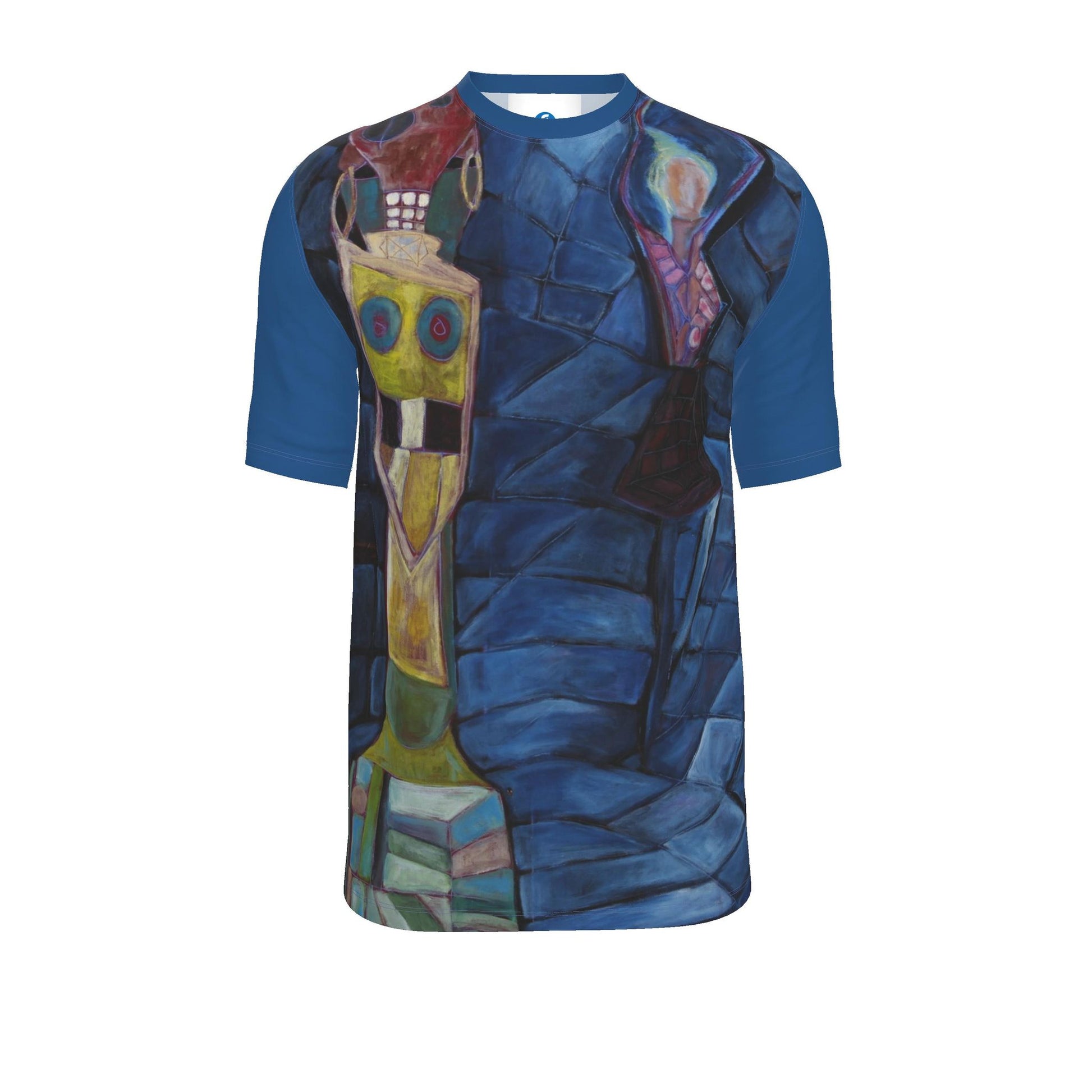 A short-sleeve crewneck t-shirt featuring a detailed, colorful abstract painting printed across the front, with solid blue sleeves and collar.