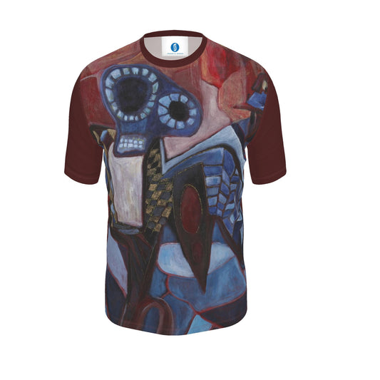 A short-sleeve crewneck t-shirt featuring an abstract, painterly graphic print in shades of blue, red, and brown, with solid dark red sleeves, shown against a plain white background.