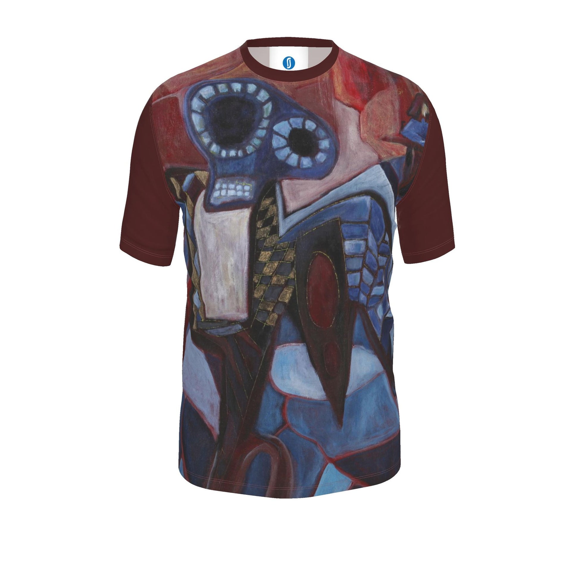 A short-sleeve crewneck t-shirt featuring an all-over abstract art print in shades of blue, red, and brown, with solid dark red sleeves, shown on a plain white background.