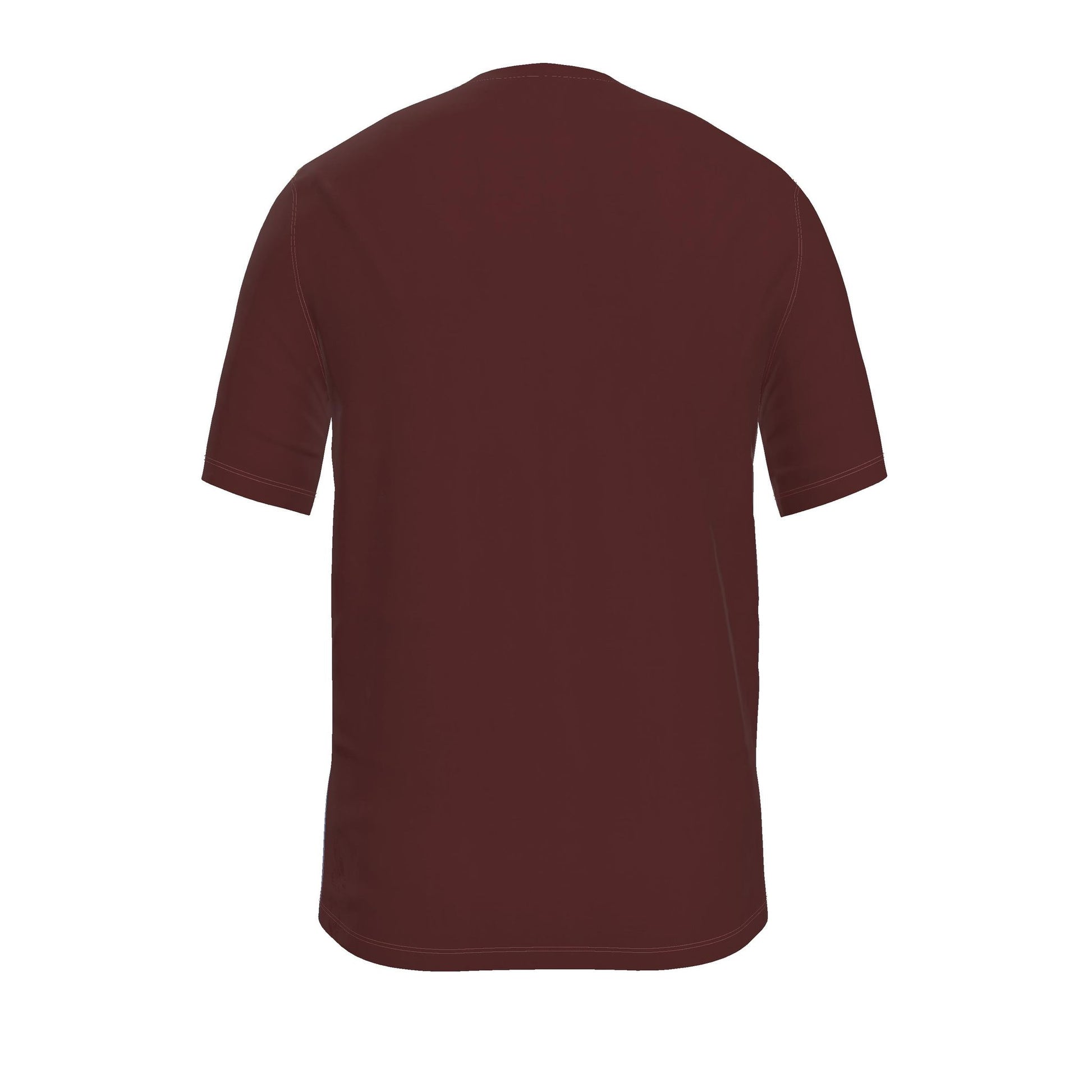 A short-sleeve crewneck t-shirt shown from the back, in a solid dark burgundy color, isolated on a white background.
