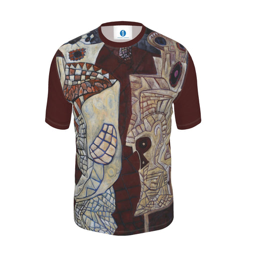 A short-sleeve crewneck t-shirt featuring an abstract, geometric art print with a maroon base and cream, brown, and blue details, displayed on a clean white background.