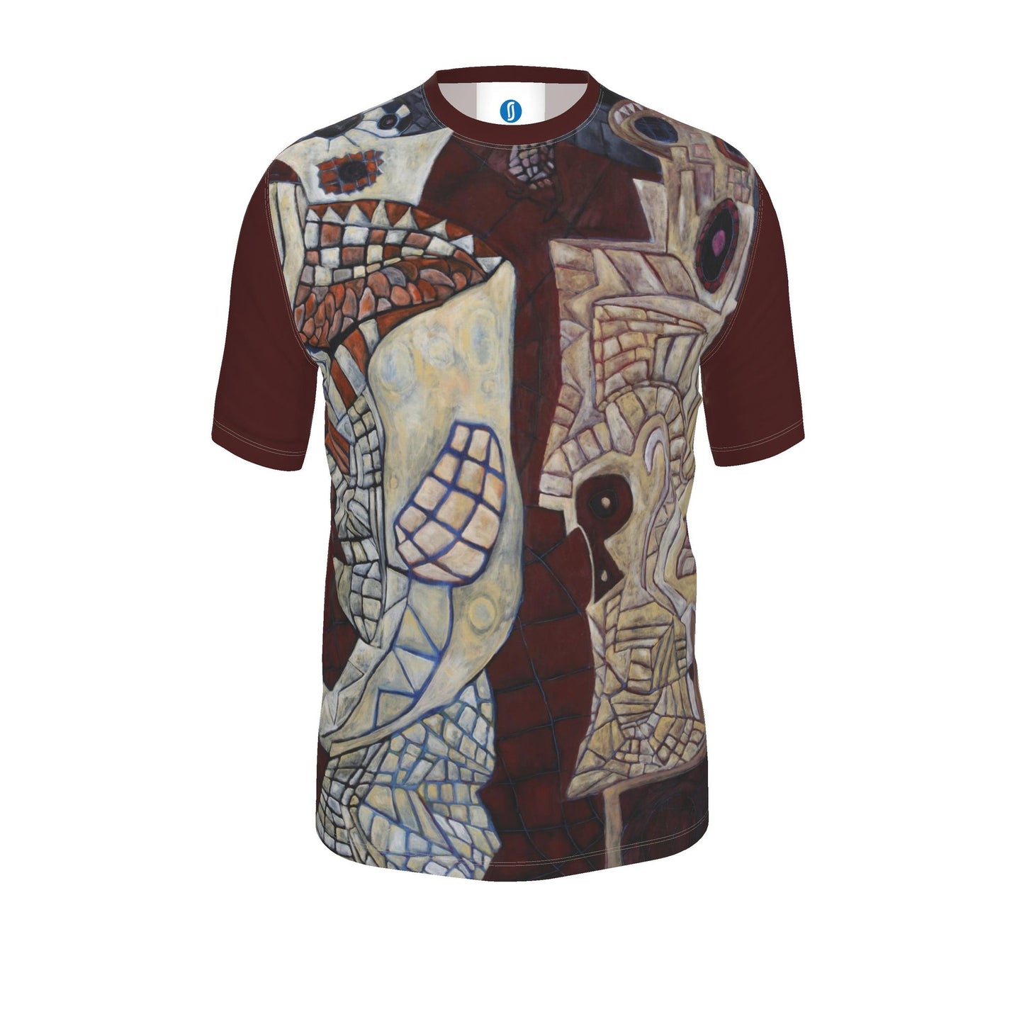 A short-sleeve crewneck t-shirt featuring an all-over abstract art print with a dark red base and a complex mosaic pattern in beige, brown, blue, and black.