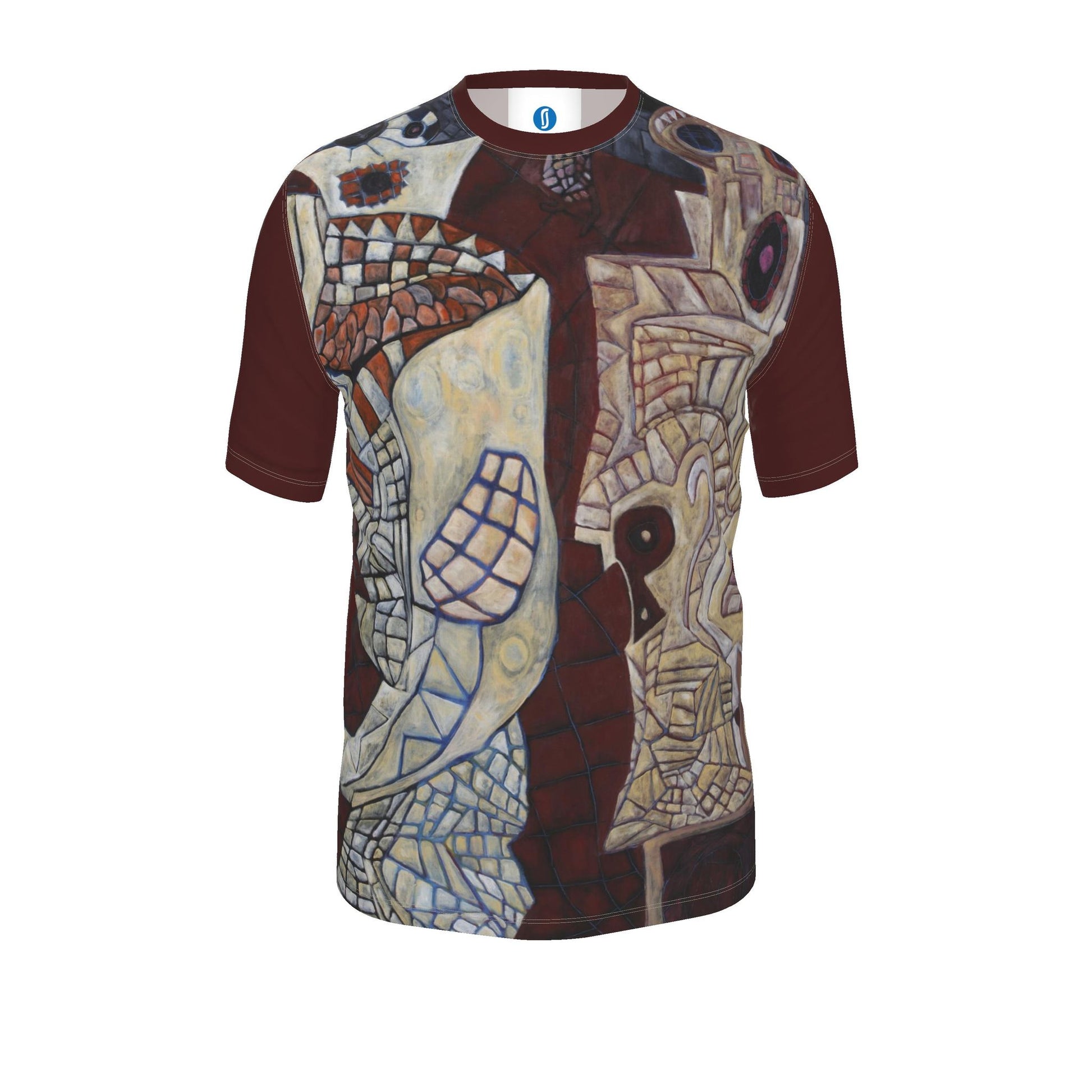A short-sleeve crewneck t-shirt featuring an all-over abstract art print with a dark red base and a complex mosaic pattern in beige, brown, blue, and black.