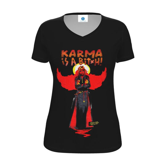 Black t-shirt with graphic design and text on a black background