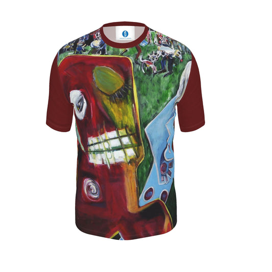 A short-sleeve crewneck t-shirt featuring a highly detailed, colorful graphic print of a guitar headstock and body, with solid dark red sleeves.