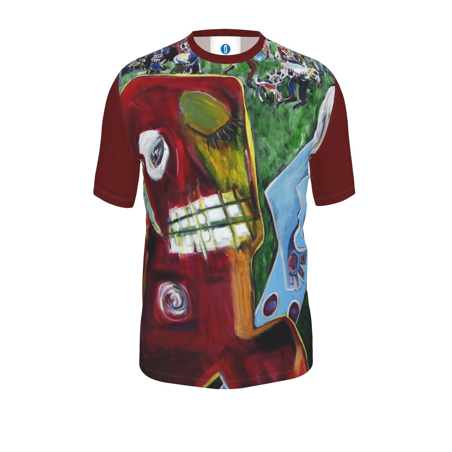 A short-sleeve crewneck t-shirt featuring a highly detailed, colorful graphic print of a guitar headstock and body, with solid dark red sleeves.