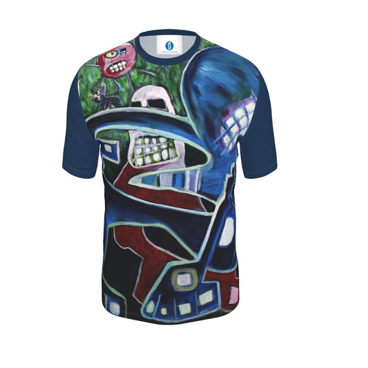 A short-sleeve crewneck t-shirt featuring a highly detailed, colorful graphic print of a stylized Tohito character from The God of War, with navy blue sleeves and a complex multicolor body design.