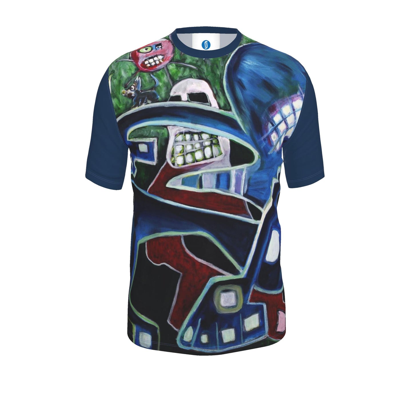 A short-sleeve crewneck t-shirt featuring a highly detailed, colorful graphic print of a stylized face and mask in blue, red, green, and black, displayed on a solid white background.