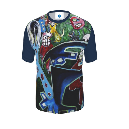 A short-sleeve crewneck t-shirt with a dark navy blue base, featuring a highly detailed, colorful graphic print on the front with cartoonish skull-like faces, a large blue and black helmet, and green, red, and yellow elements.