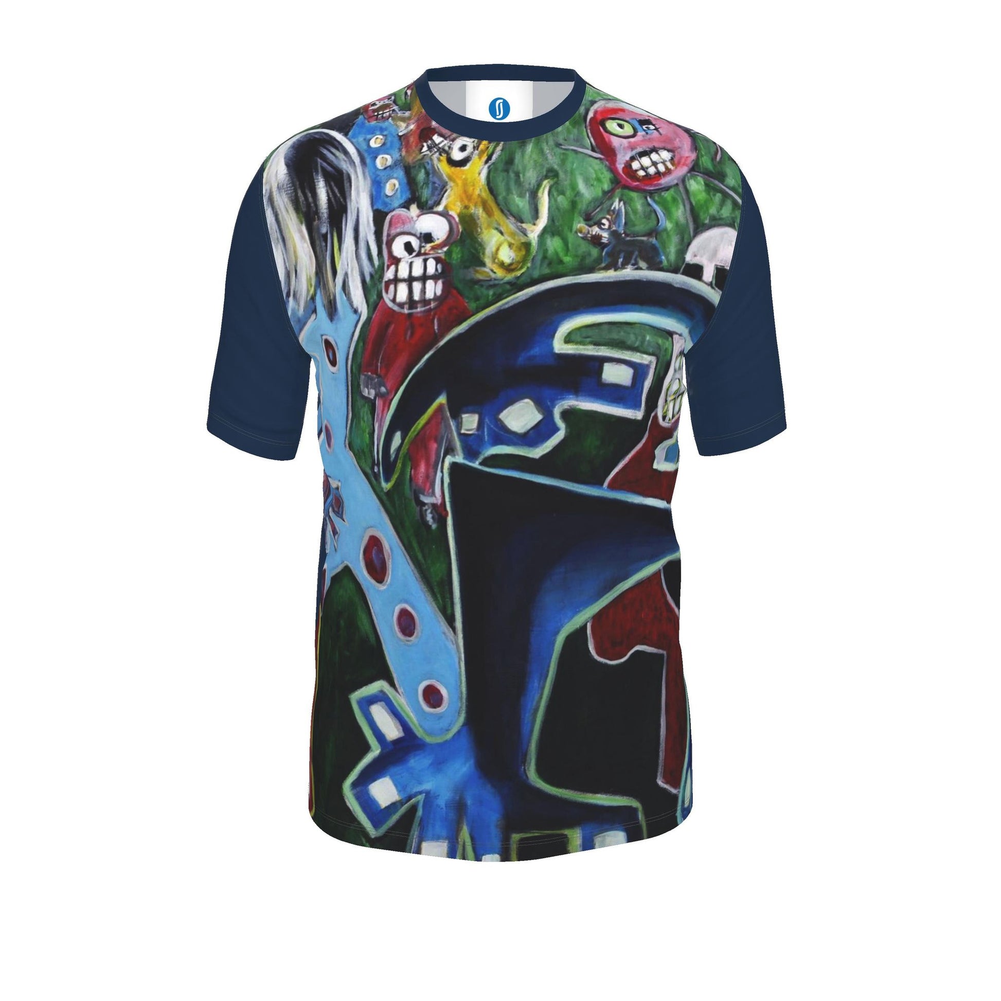 A short-sleeve t-shirt with navy blue sleeves and a highly detailed, colorful graphic print on the body featuring cartoon characters and abstract shapes.