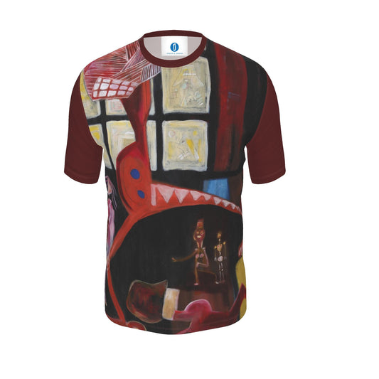 A short-sleeve crewneck t-shirt featuring a surreal, painterly graphic print. The design combines a red and black window-like structure with a large red shark-like mouth, yellow panels, and small human figures.