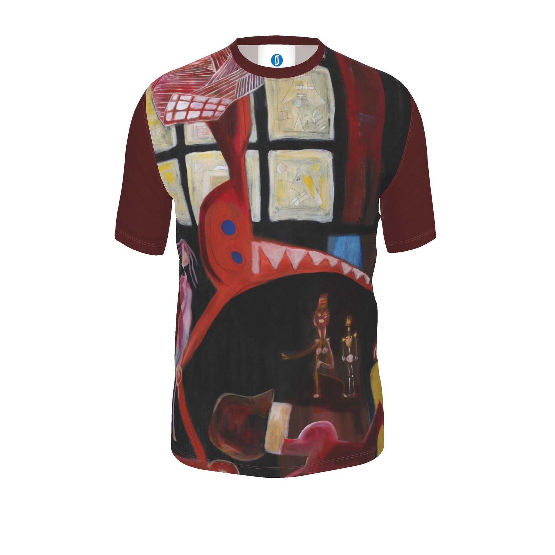 A short-sleeve crewneck t-shirt featuring a surreal, painterly graphic print. The design combines a red and black window-like structure with a large red shark-like mouth, yellow panels, and small human figures.
