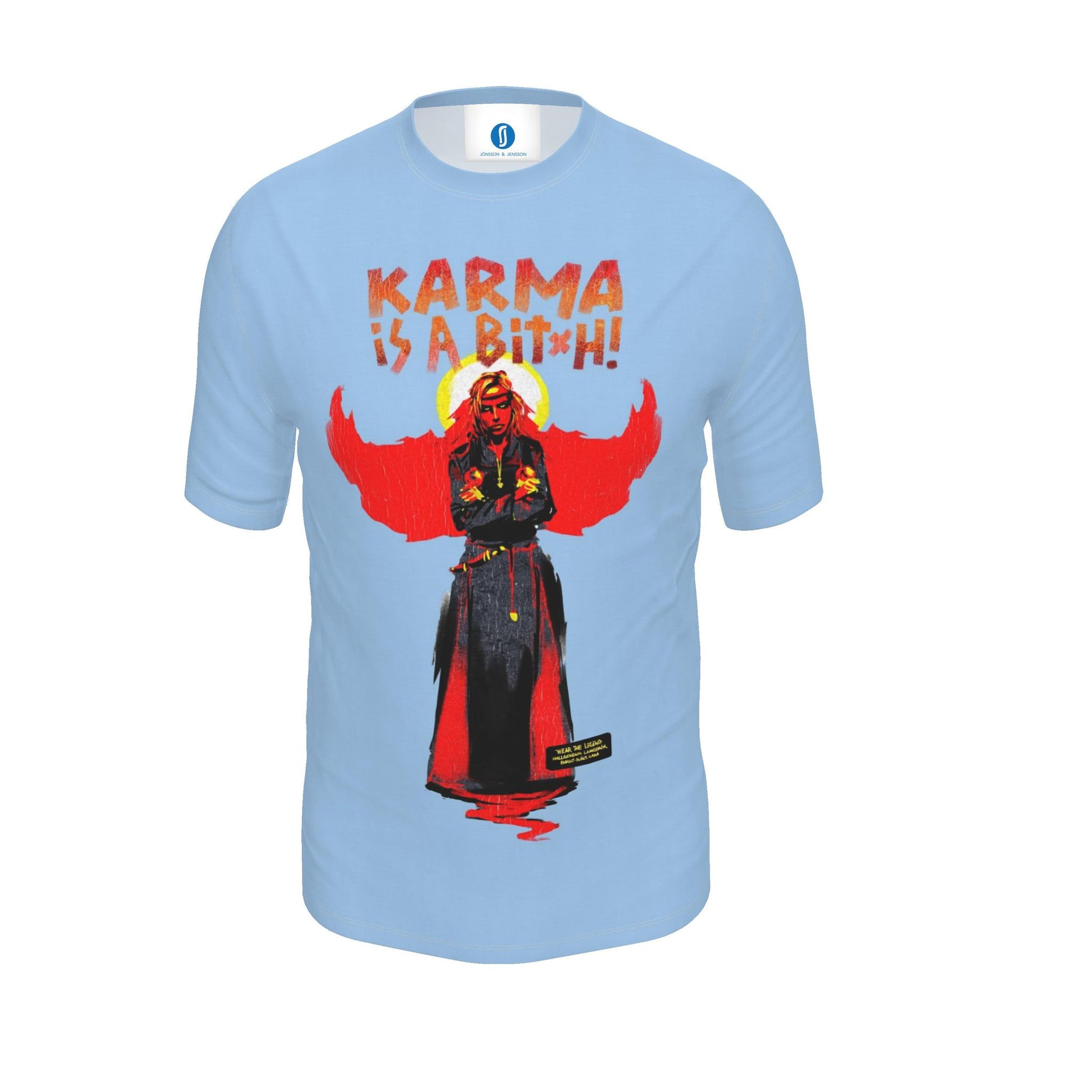 Light blue T-shirt featuring Hallgerður Langbrók from Brennu-Njáls saga in a vibrant contemporary illustration.
