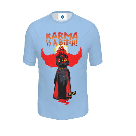 Light blue T-shirt featuring Hallgerður Langbrók from Brennu-Njáls saga in a vibrant contemporary illustration.
