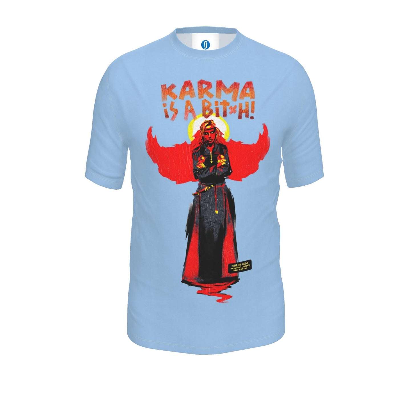 Light blue T-shirt featuring Hallgerður Langbrók from Brennu-Njáls saga in a vibrant contemporary illustration.