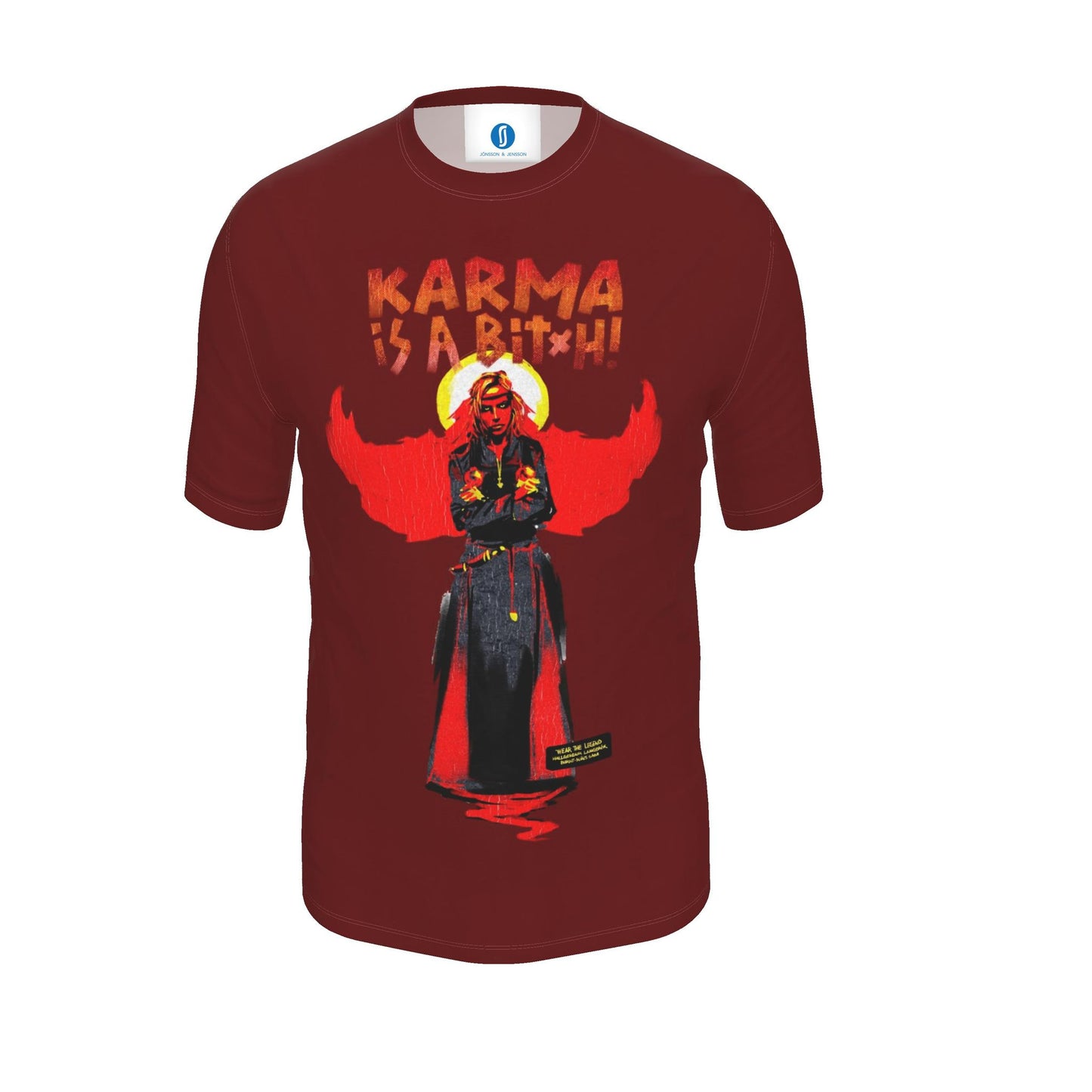 A bold burgundy T-shirt featuring Hallgerður Langbrók from the Icelandic Sagas. Inspired by Brennu-Njáls saga, it blends Viking history, striking artwork fitting to her character.