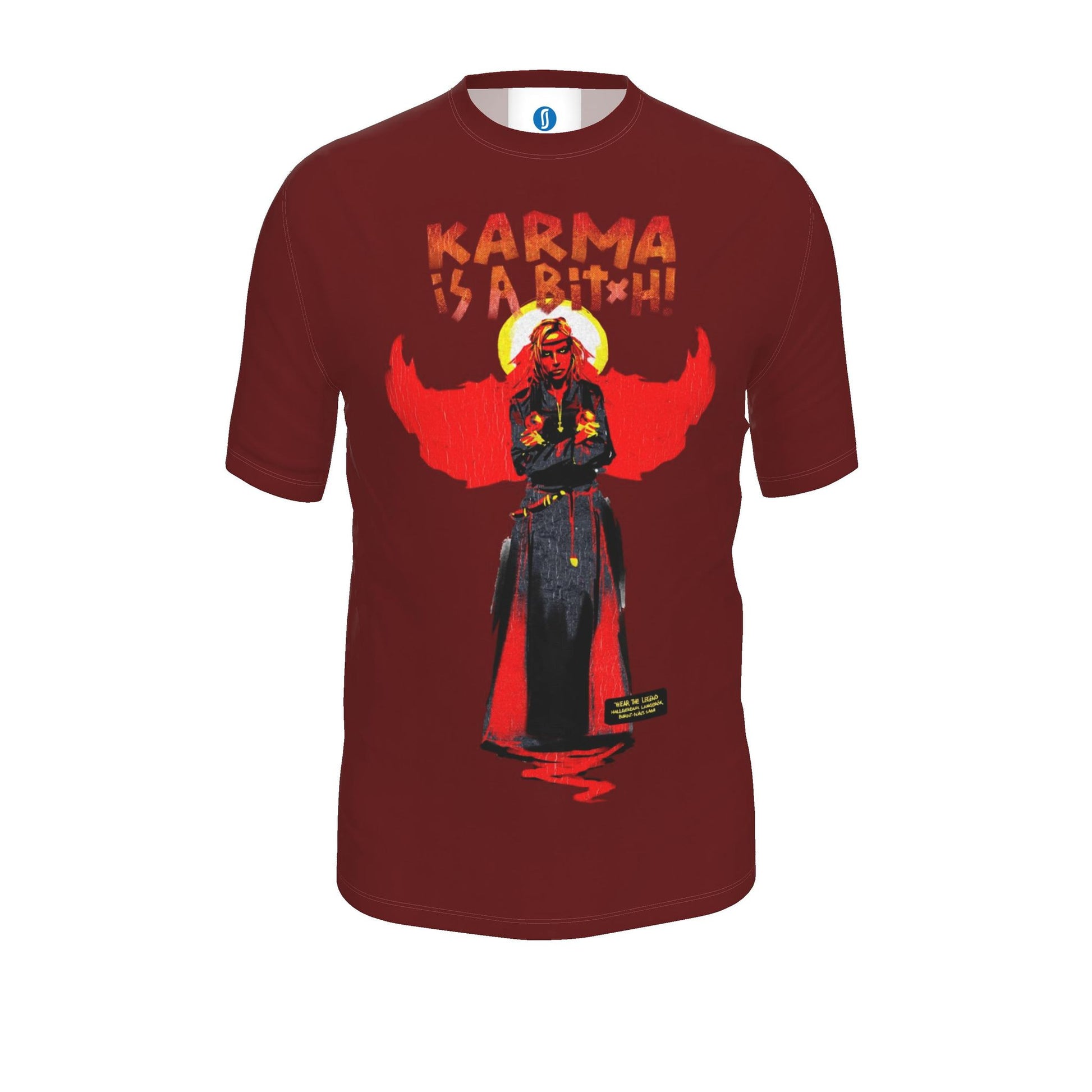 A bold burgundy T-shirt featuring Hallgerður Langbrók from the Icelandic Sagas. Inspired by Brennu-Njáls saga, it blends Viking history, striking artwork fitting to her character.