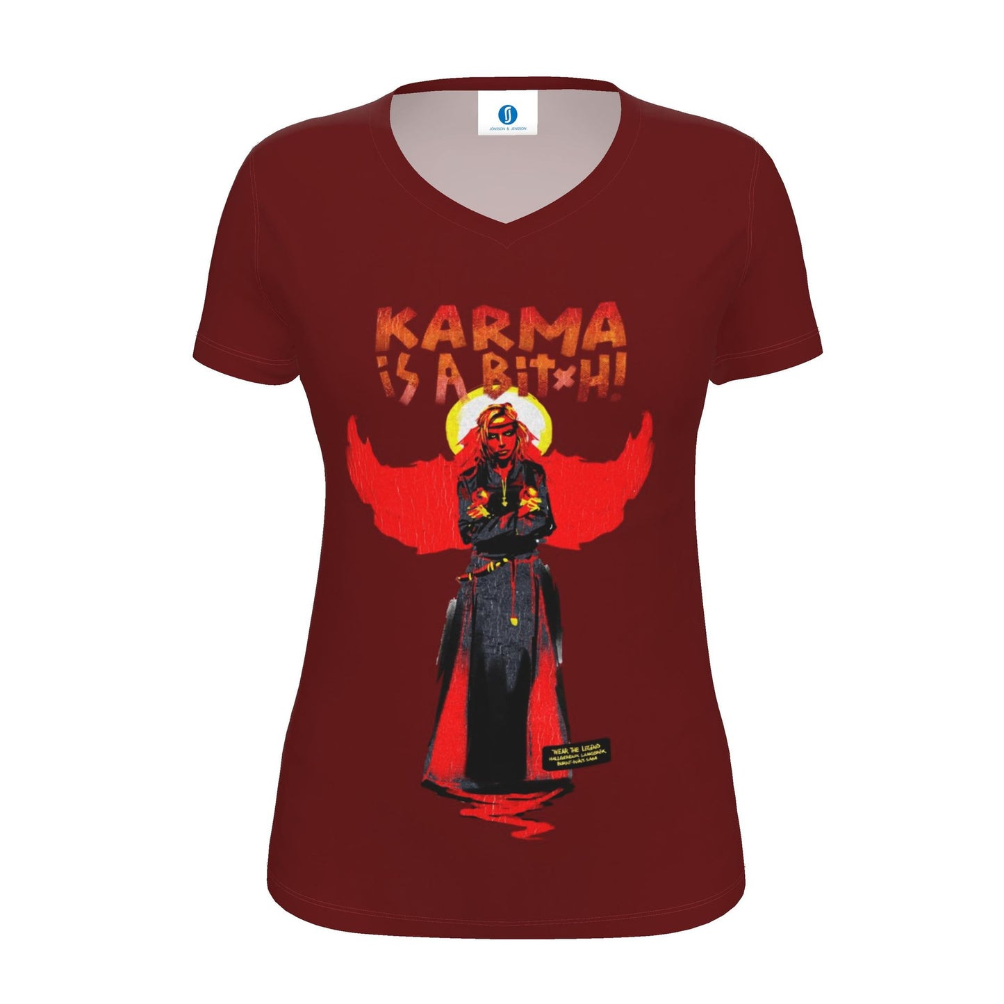 Burgundy womens T-shirt featuring Hallgerður Langbrók from Brennu-Njáls saga in a vibrant contemporary illustration.
