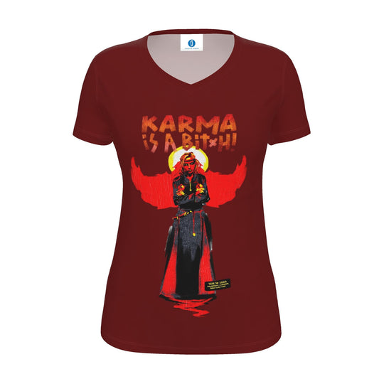 Burgundy womens T-shirt featuring Hallgerður Langbrók from Brennu-Njáls saga in a vibrant contemporary illustration.