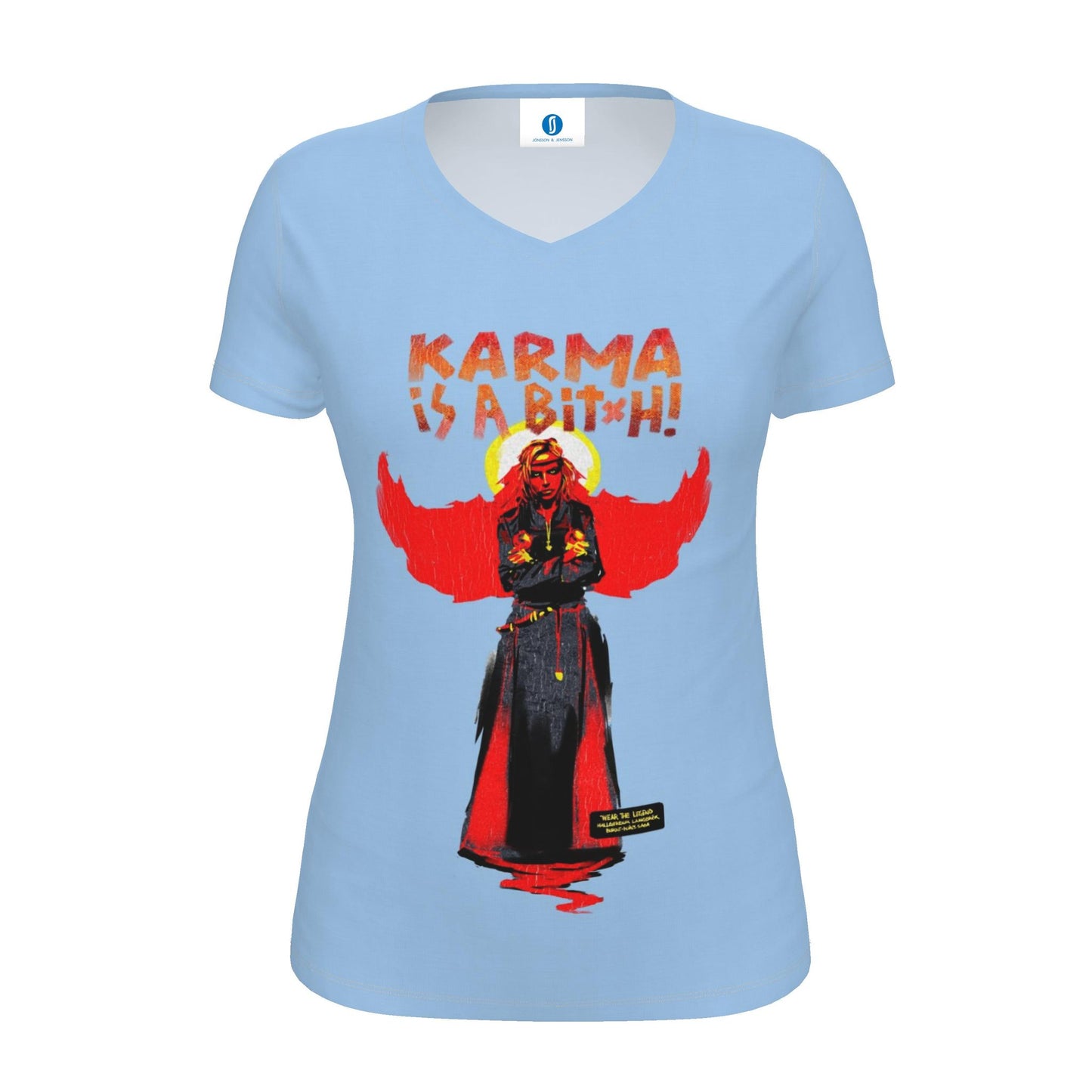 Light Blue womens T-shirt featuring Hallgerður Langbrók from Brennu-Njáls saga in a vibrant contemporary illustration.