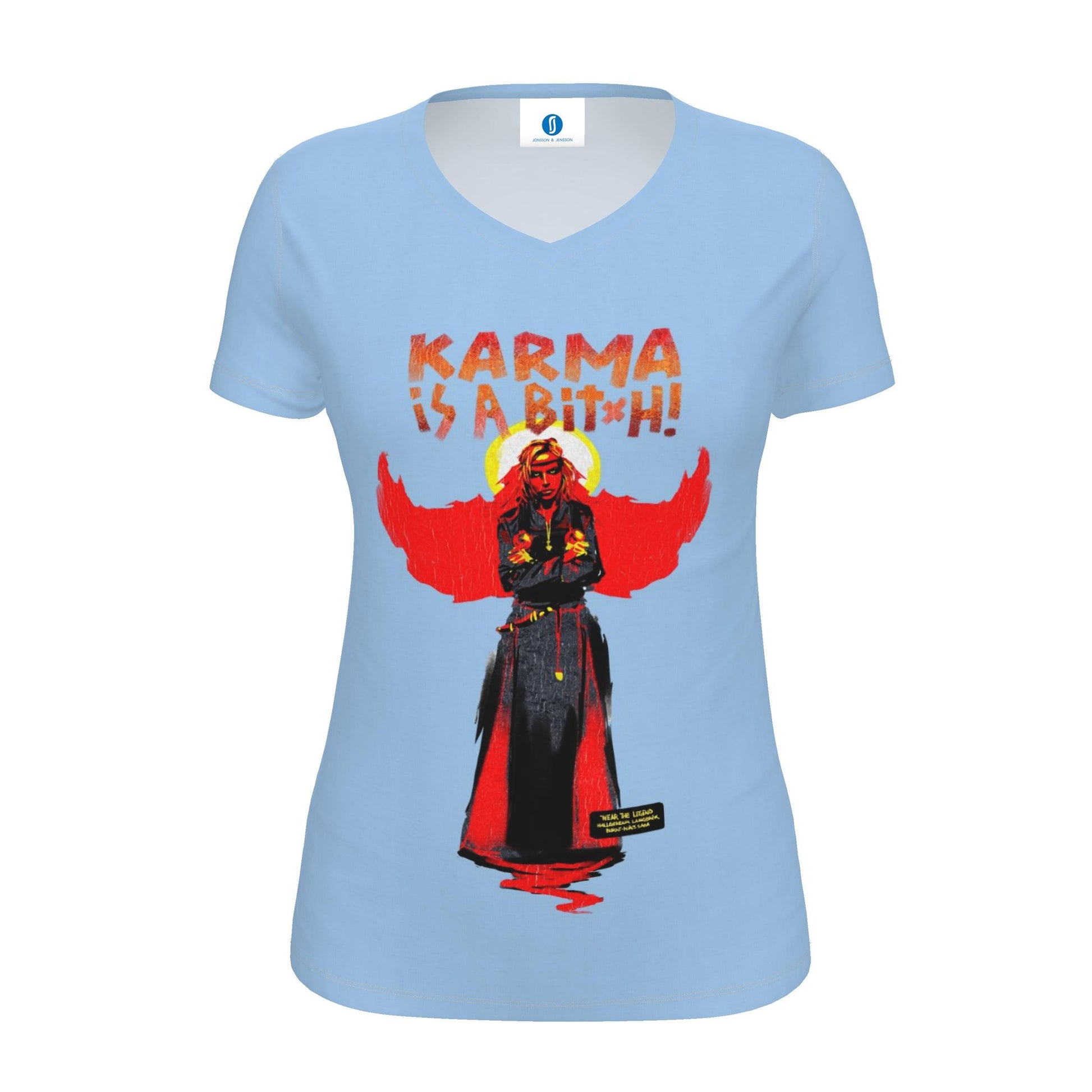 Light Blue womens T-shirt featuring Hallgerður Langbrók from Brennu-Njáls saga in a vibrant contemporary illustration.