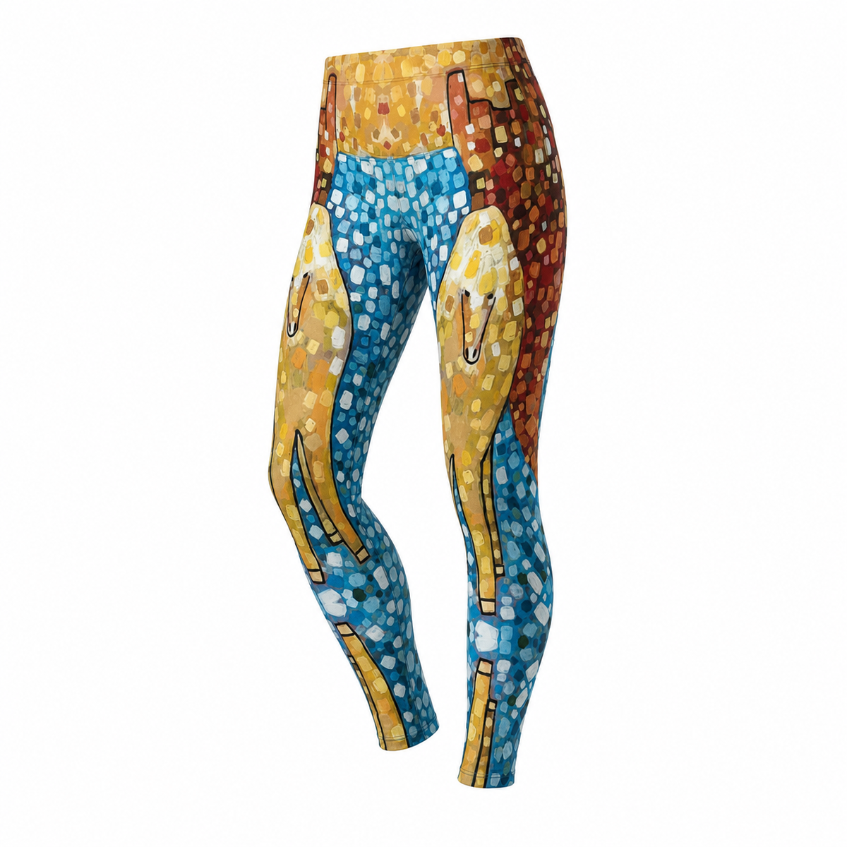A pair of high-waisted leggings with an abstract mosaic pattern in blue, gold, brown, and white, shown on a white background.