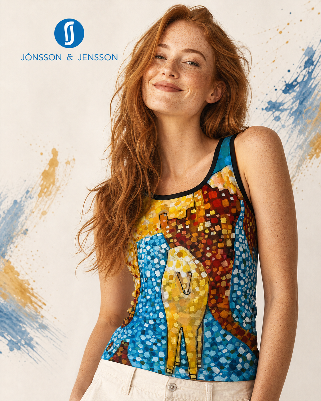 A woman with long red hair wearing a Jónsson & Jenson tank top with a colorful mosaic-style print featuring a yellow horse and blue patterns, posed against a white background with blue and gold paint splatters and the brand logo in the top left corner.
