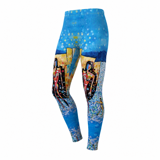 Blue leggings with a textured, impressionistic painting print featuring figures and yellow sky-like areas, shown on a plain white background.
