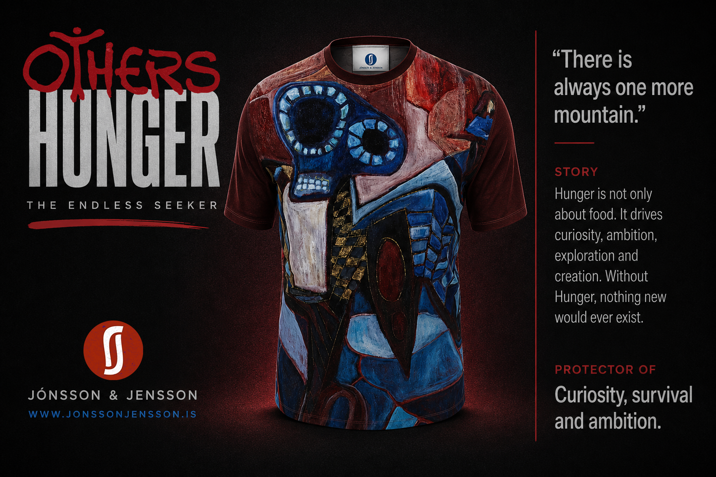 A Jonsson & Jenson t-shirt featuring a surreal, abstract graphic design with a blue skull and mechanical elements, presented on a dark background with promotional text.