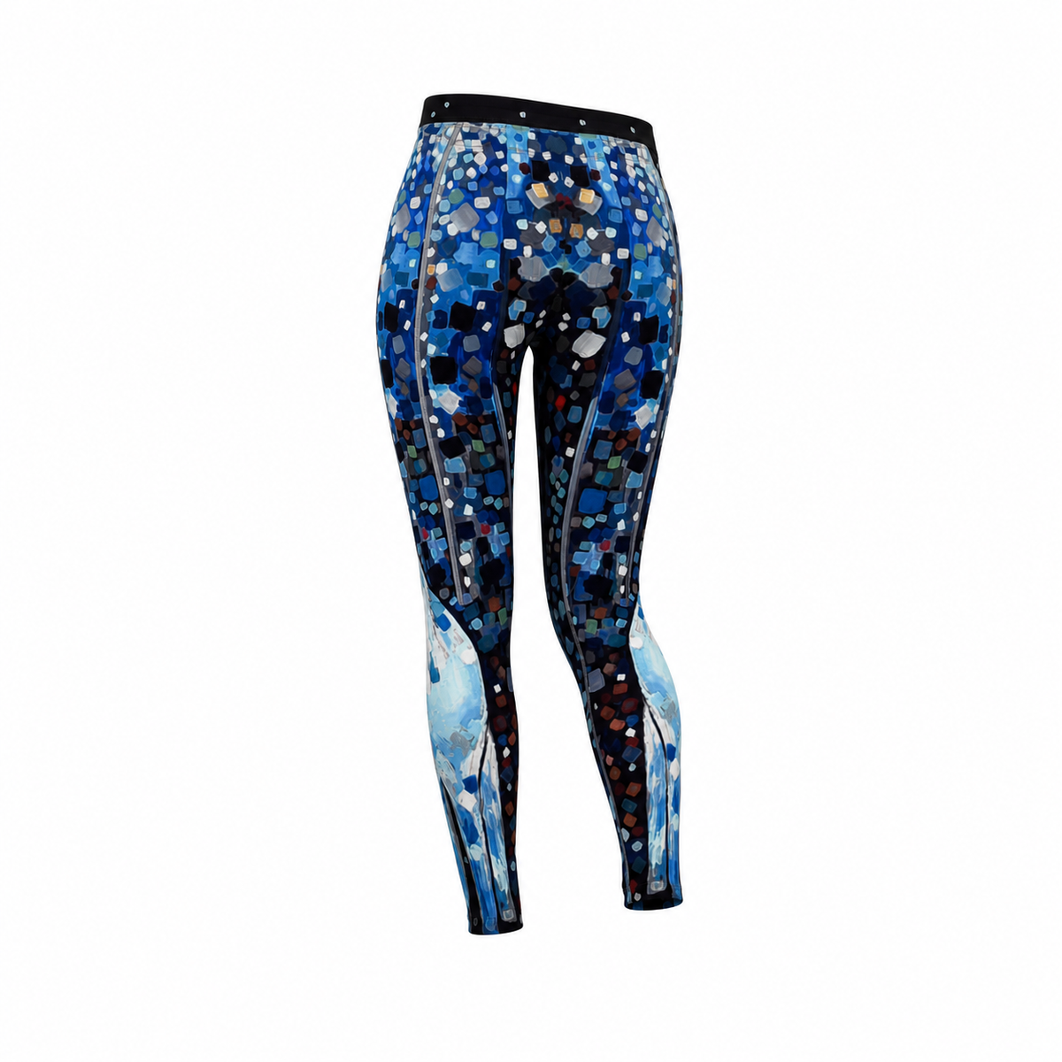 Blue patterned athletic leggings with a geometric mosaic print and abstract watercolor-style blue sections on the lower legs, shown on a white background.