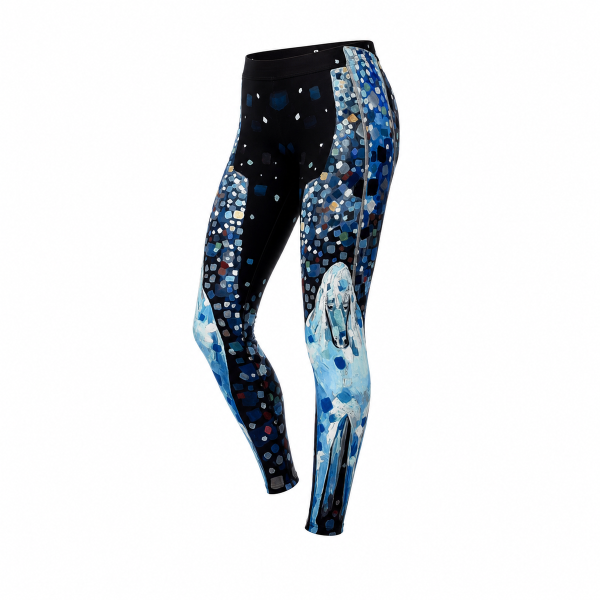 A pair of high-waisted athletic leggings featuring a black base with blue, white, and silver glitter-like patterns and abstract watercolor-style blue shapes on the legs, shown against a plain white background.